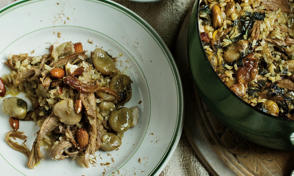 Goat and broad bean pilaf with seasoned yoghurt - Recipe